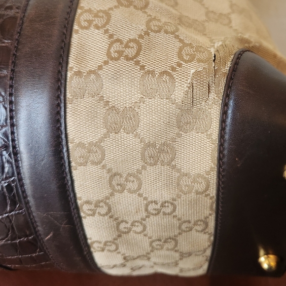 Gucci Beige Canvas Brown Leather Crocodile Secret Hobo - Picture 13 of 14